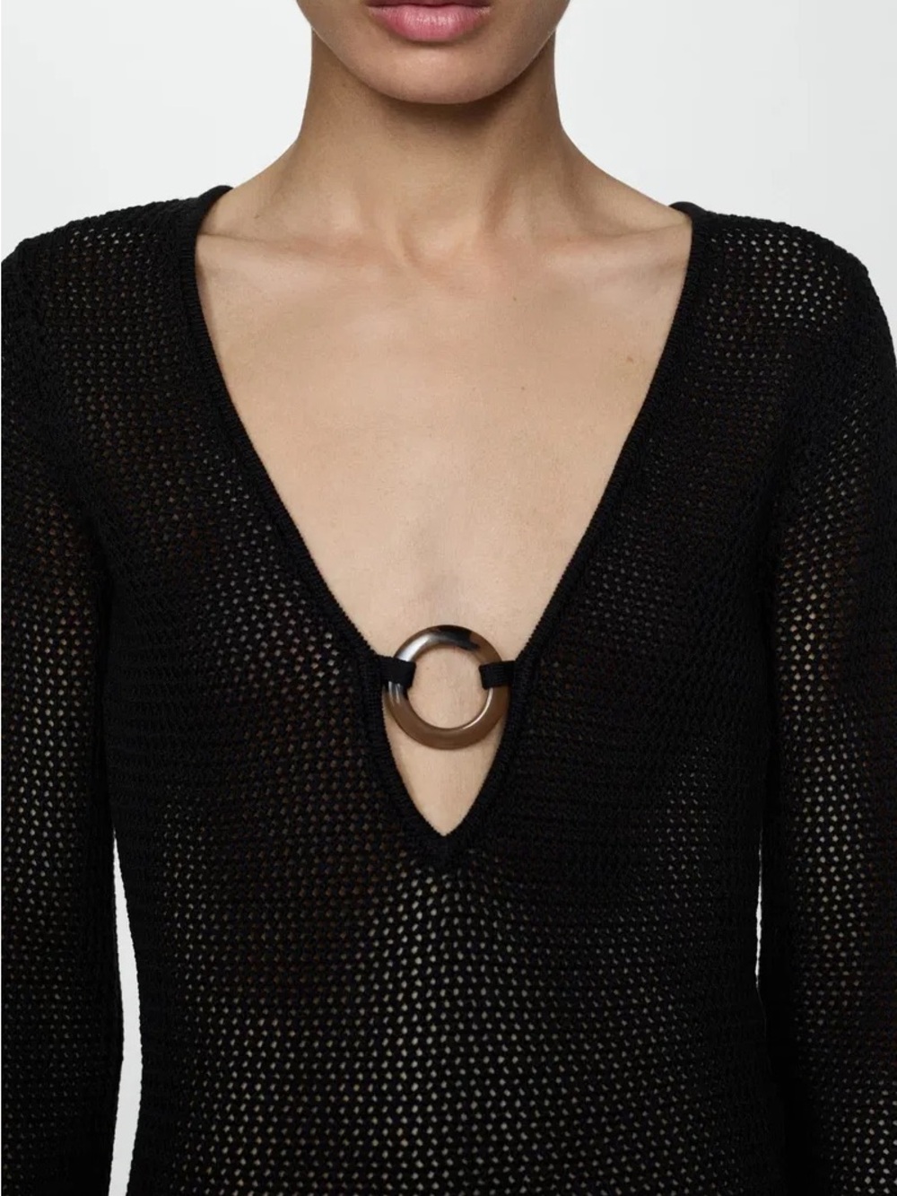 Mango black deep v neck ring crochet bikini cover up size large oversized